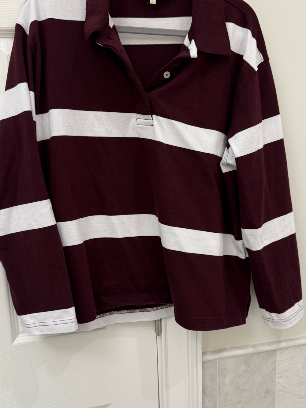 Women’s Burgundy and White Striped Rugby Sweater